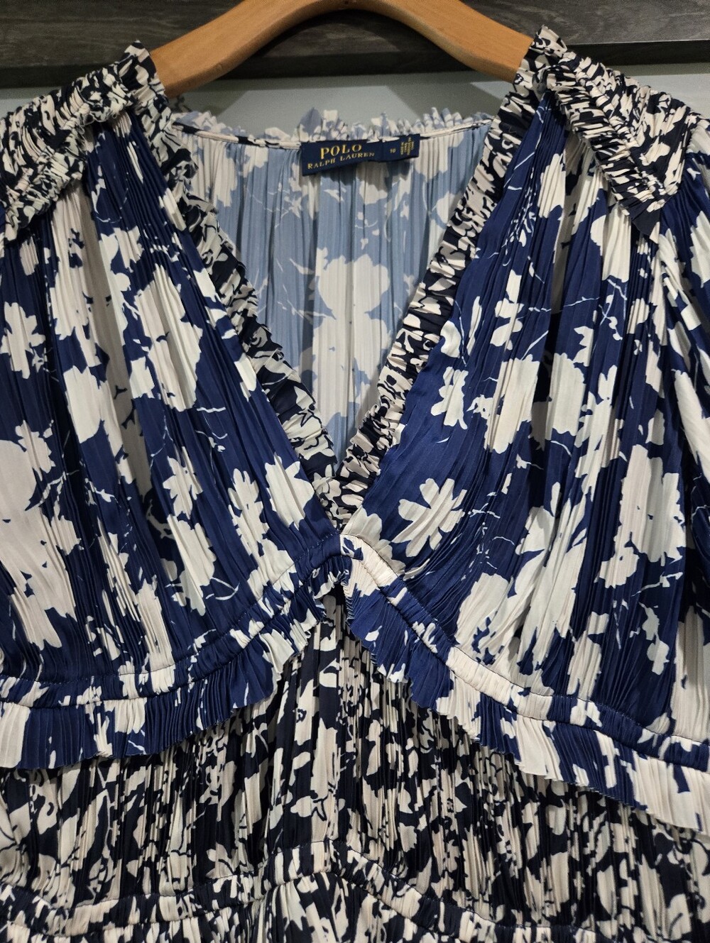 Polo Ralph Lauren Satin Pleated Floral Blue Midi Dress Size 10 - Picture 8 of 10